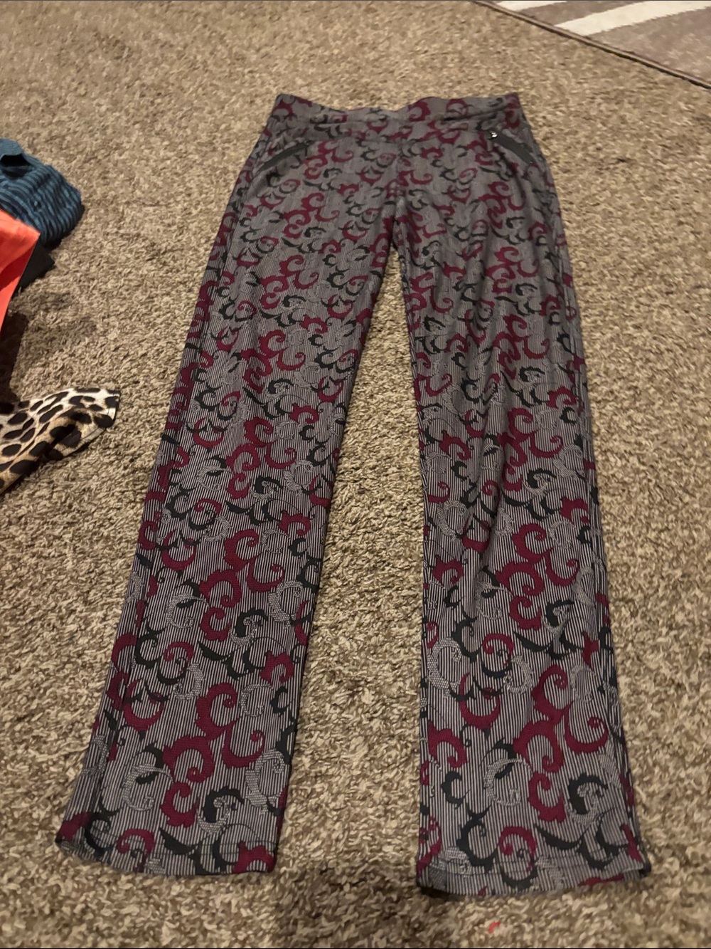 Coco + Carmen Maroon and Black Patterned Boot Cut Pants
